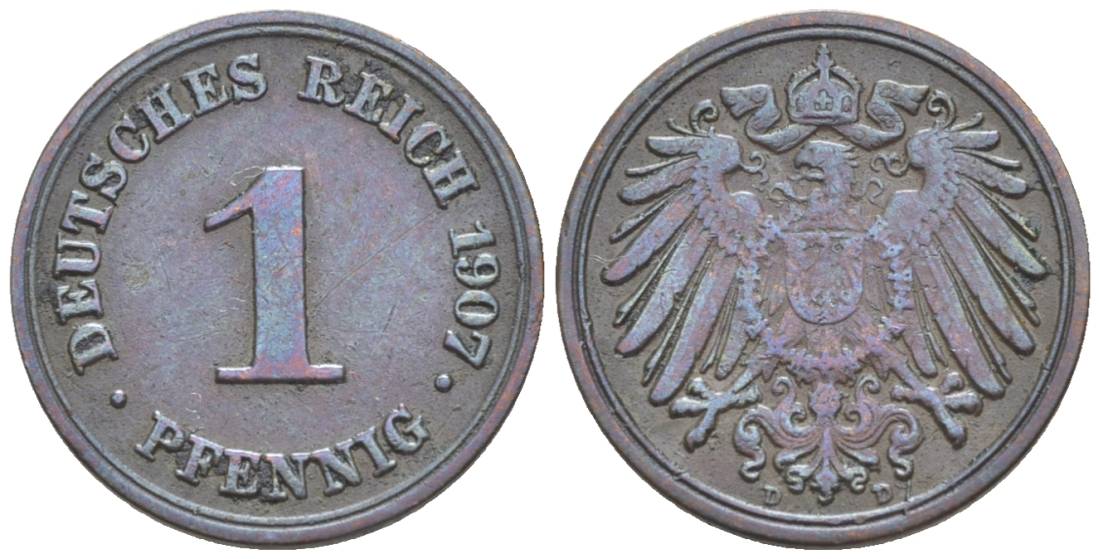 ГЕРМАНИЯ 1 ПФЕННИГ 1907 D KM 10, Jager. 10, Weege 2 медь 4528-1243