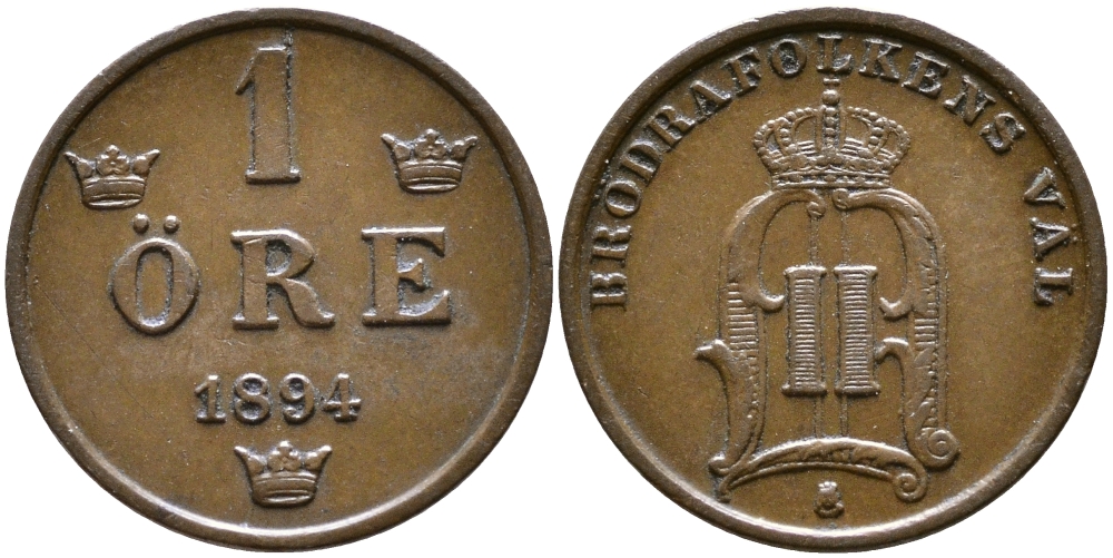 Швеция 1 эре 1894 Оскар II (1872-1907) король Швеции и Норвегии KM 750 бронза 176-857