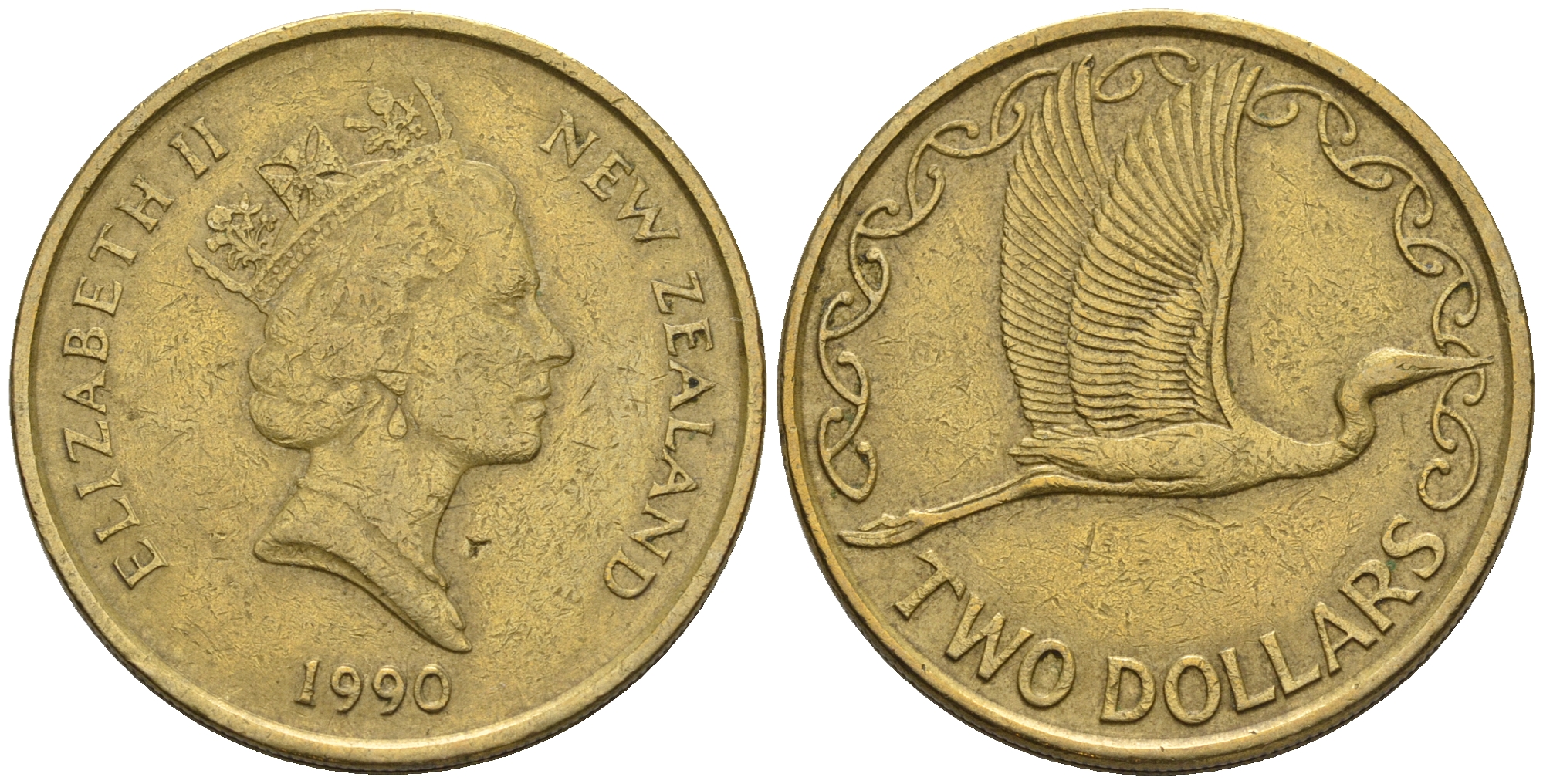 Новая Зеландия 2 доллара 1990 Елизавета II (1952-2022), большая белая цапля KM 79 алюминиевая бронза 60-1327