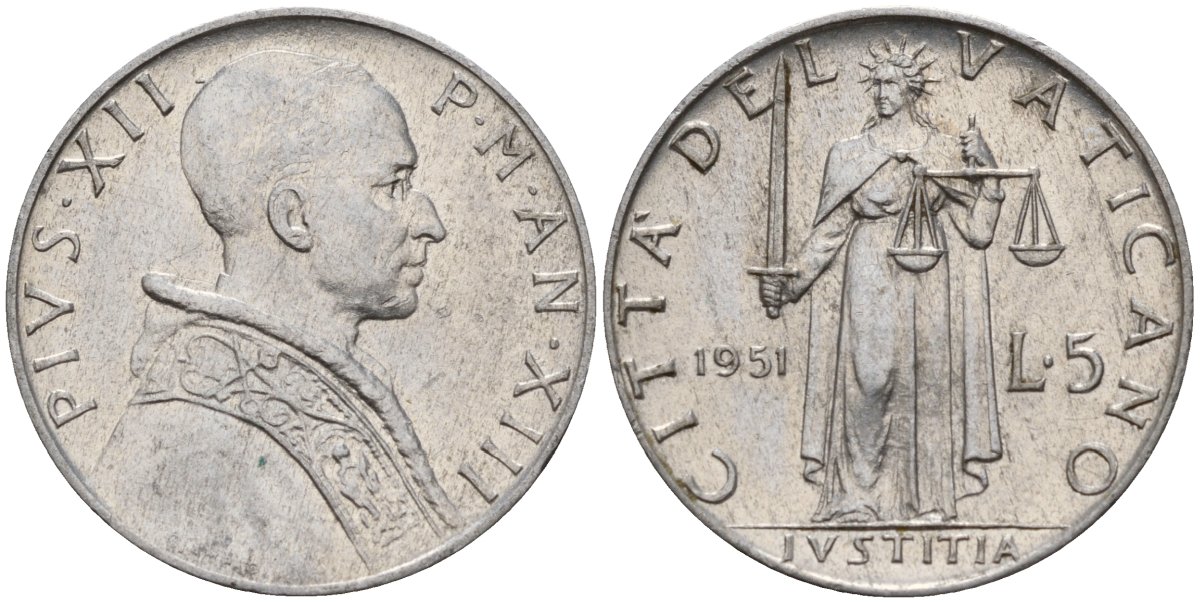 Ватикан 5 лир 1951 Папа Пий XII KM 51 алюминий 4189-542