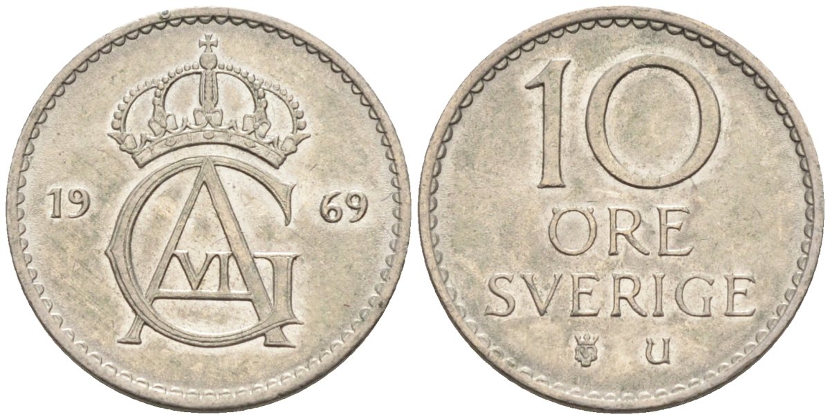 Швеция 10 эре 1969 Густав VI Адольф (1950-1973) KM 835 медно-никель UNC 4585-369