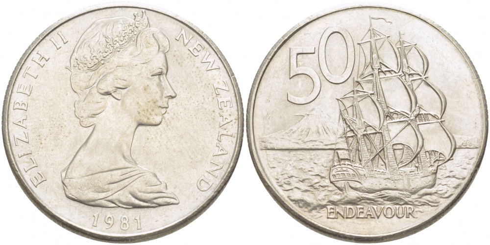 Новая Зеландия 50 центов 1981 Елизавета II (1952-2022), парусник Индевор KM 37.1 медно-никель 215-432