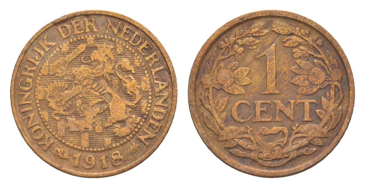 Нидерланды 1 цент 1918 Вильгельмина (1890-1948) KM 152 бронза 75-525