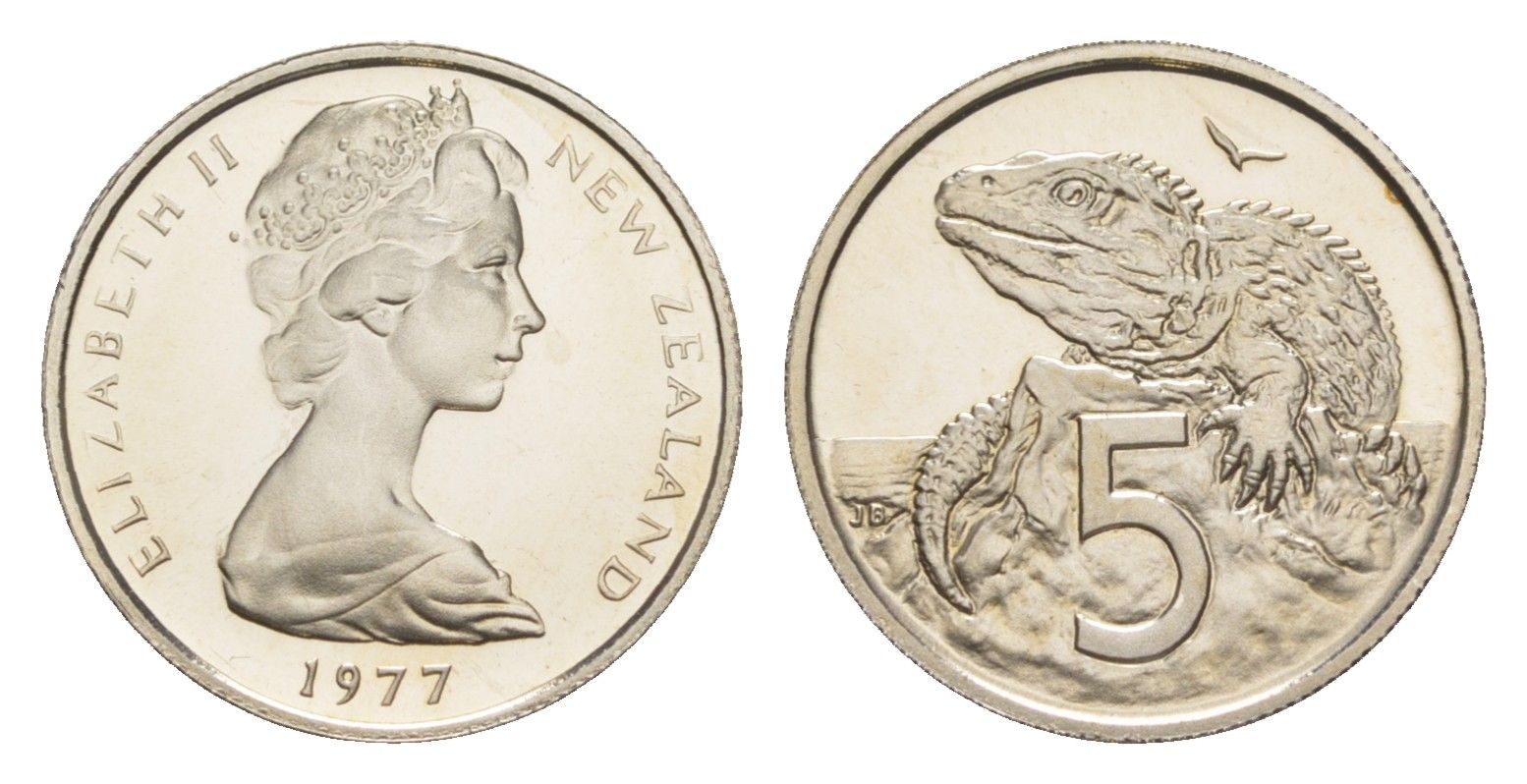 Новая Зеландия 5 центов 1977 тираж 12.000 экземпляров KM 34 медно-никель PROOF 4127-1341