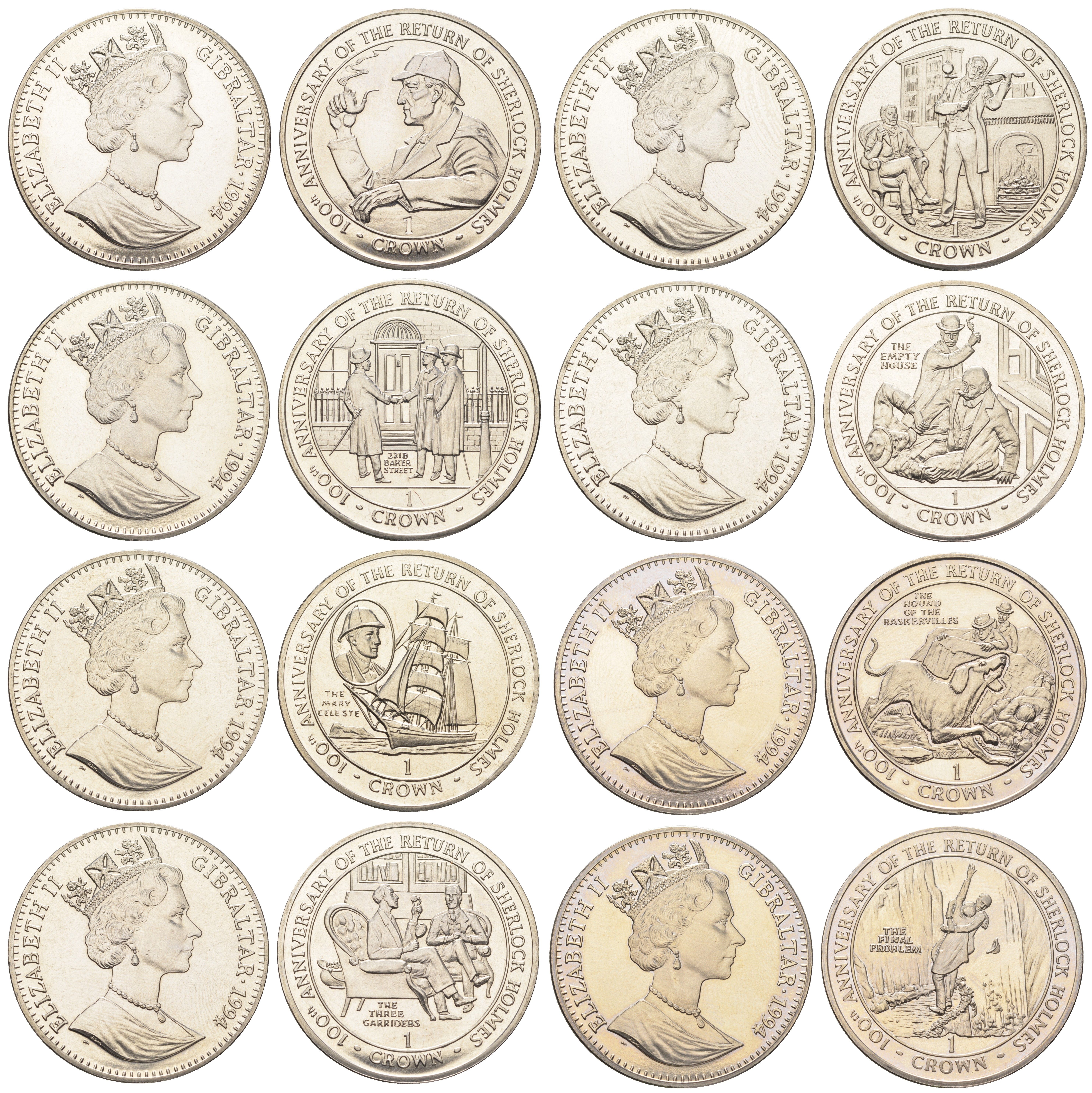 Гибралтар полный набор из 8 монет (1 крона) 1994 100 лет возвращению Шерлока Холмса KM 285, 286, 287, 288, 289, 290, 291 и 292 медно-никель BU 1524-1811-1823