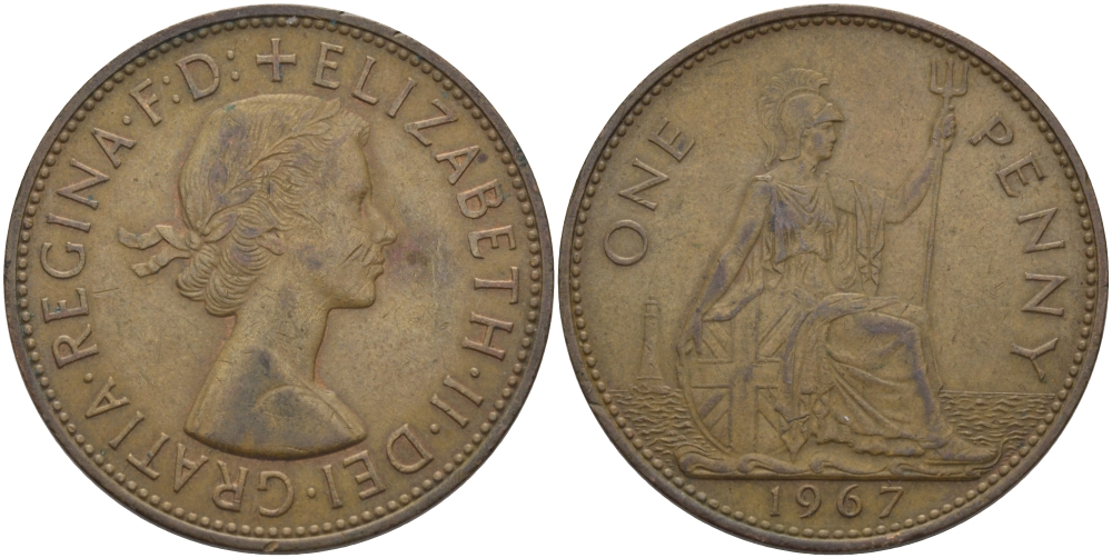 Великобритания 1 пенни 1967 Елизавета II (1952-2022) KM 897, Spink 4157 бронза 97-1115