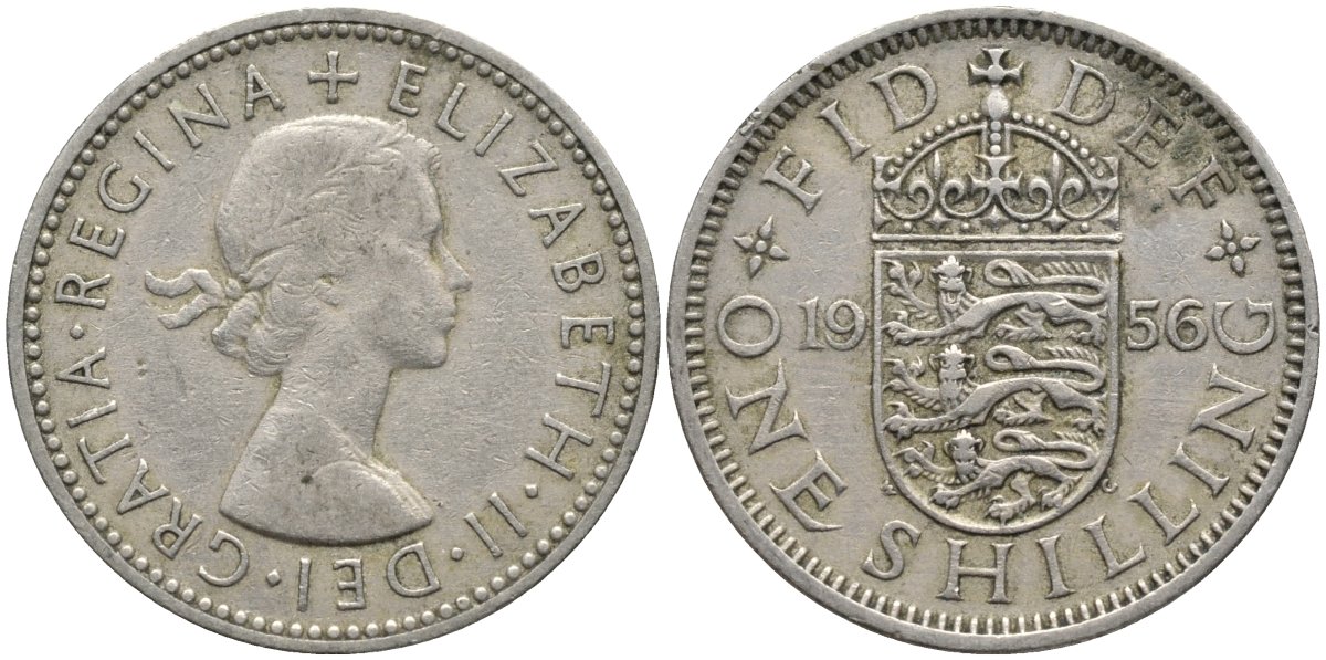 Великобритания 1 шиллинг 1956 Елизавета II (1952-2022), Английский герб KM 904, Spink 4147 медно-никель 4171-621