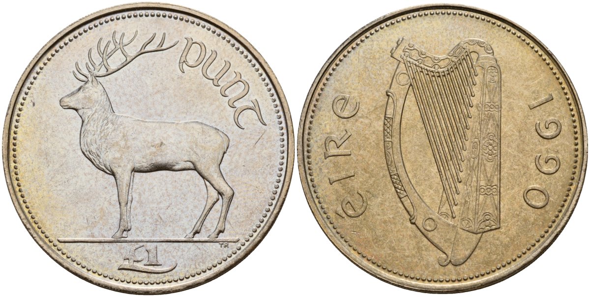 Ирландия 1 фунт 1990 Олень KM 27 медно-никель 4140-416