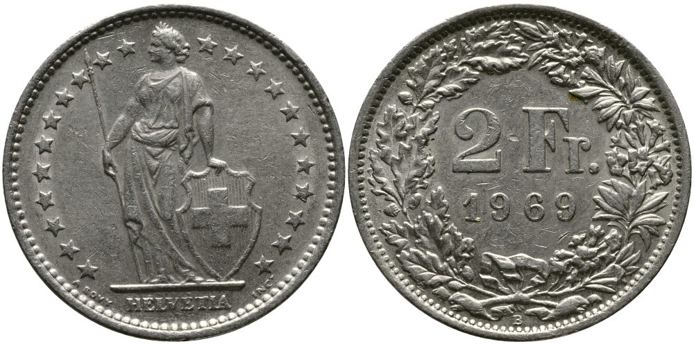 ШВЕЙЦАРИЯ 2 ФРАНКА 1969 В KM 21а.1 медно-никель 33-722