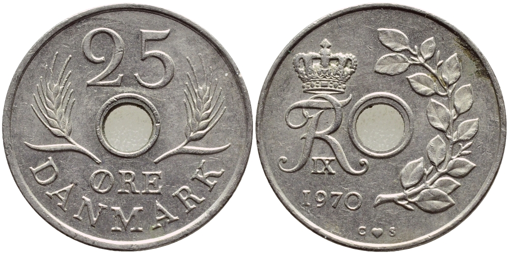 ДАНИЯ 25 ЭРЕ 1970 С; S, ФРЕДЕРИК IX (1947-1972) KM 855.1 медно-никель 4398-957