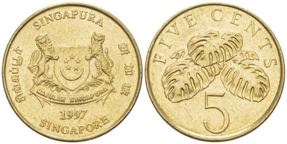 Сингапур 5 центов 1997 sm KM 99 алюминиевая бронза 214-554