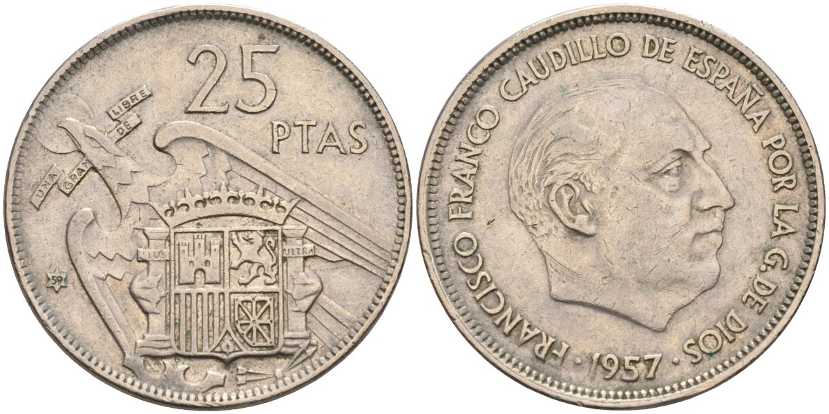 Испания 25 песет 1957(59) Франциско Франко (1939-1975) KM 787 медно-никель 4583-1042