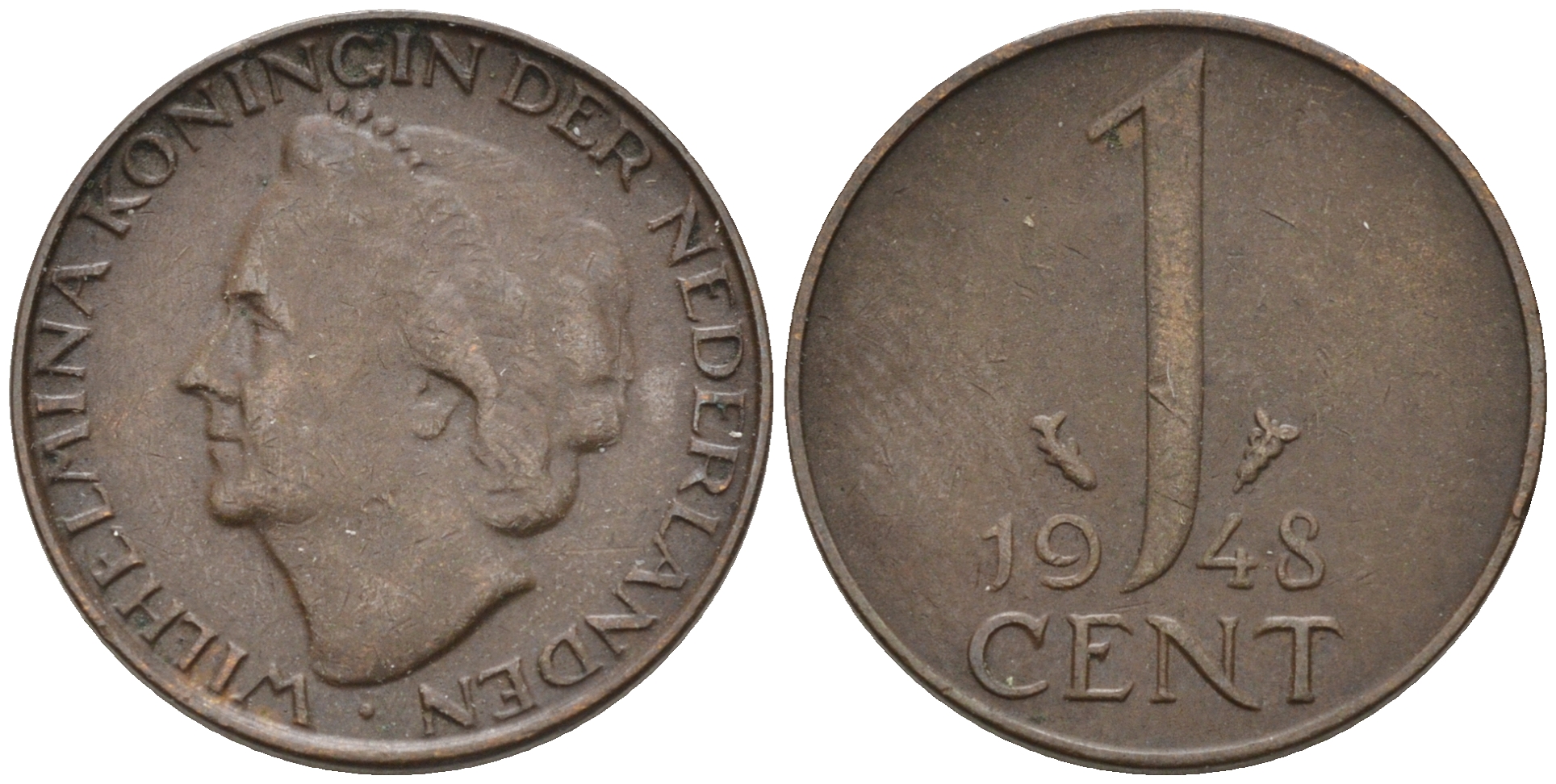 Нидерланды 1 цент 1948 Вильгельмина (1890-1948), год тип KM 175 бронза  4174-536