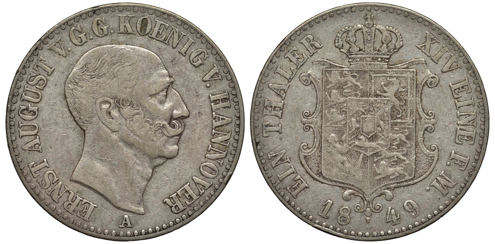 Брауншвейг-Каленберг-Ганновер 1 талер 1849 A, Эрнст Август (1837-1851) КМ 197.1, Jaeger 71, Thun 166, AKS 105, Kahnt 232 серебро 1520-924