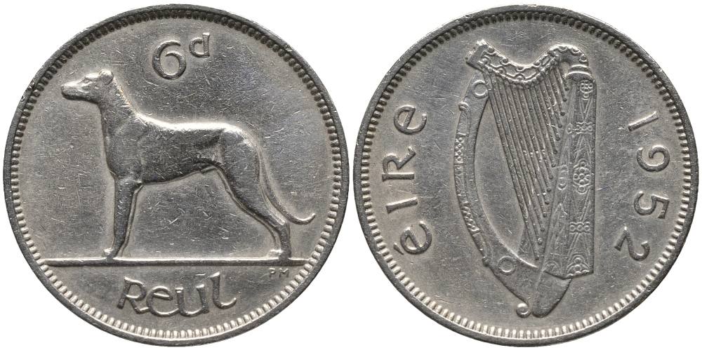 ИРЛАНДИЯ 6 ПЕНСОВ 1952 ИРЛАНДСКИЙ ВОЛКОДАВ KM 13а медно-никель 4387-1057