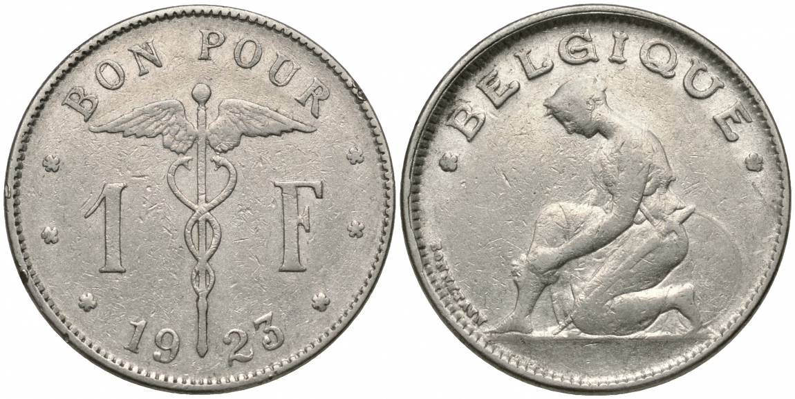 Бельгия 1 франк 1923 Belgique, Альберт I (1909-1934) KM 89 никель 51-1927