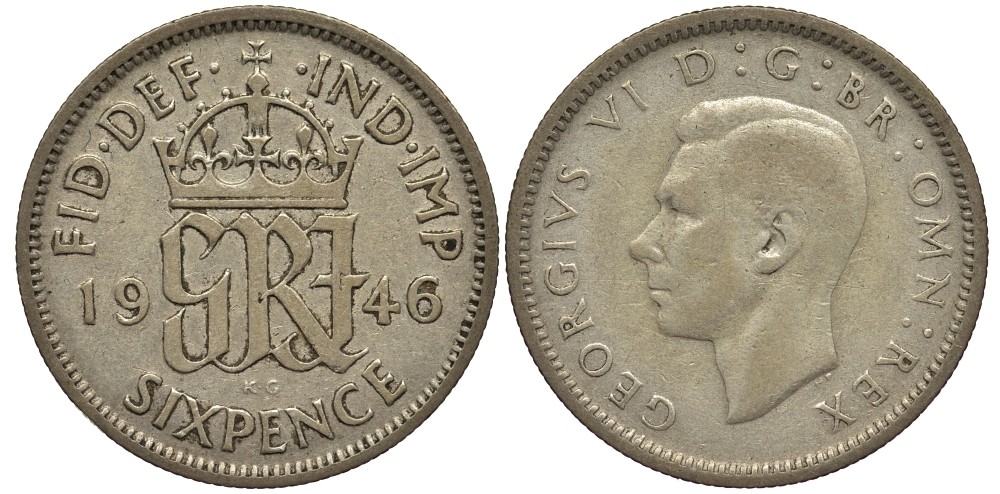 Великобритания 6 пенсов 1946 Георг VI (1936-1952) KM 852, Spink 4084 серебро 4538-625