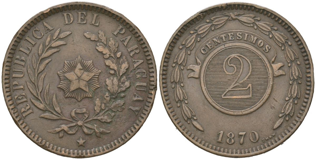 Парагвай 2 сентесимо 1870 SHAW KM 3 медь 221-931