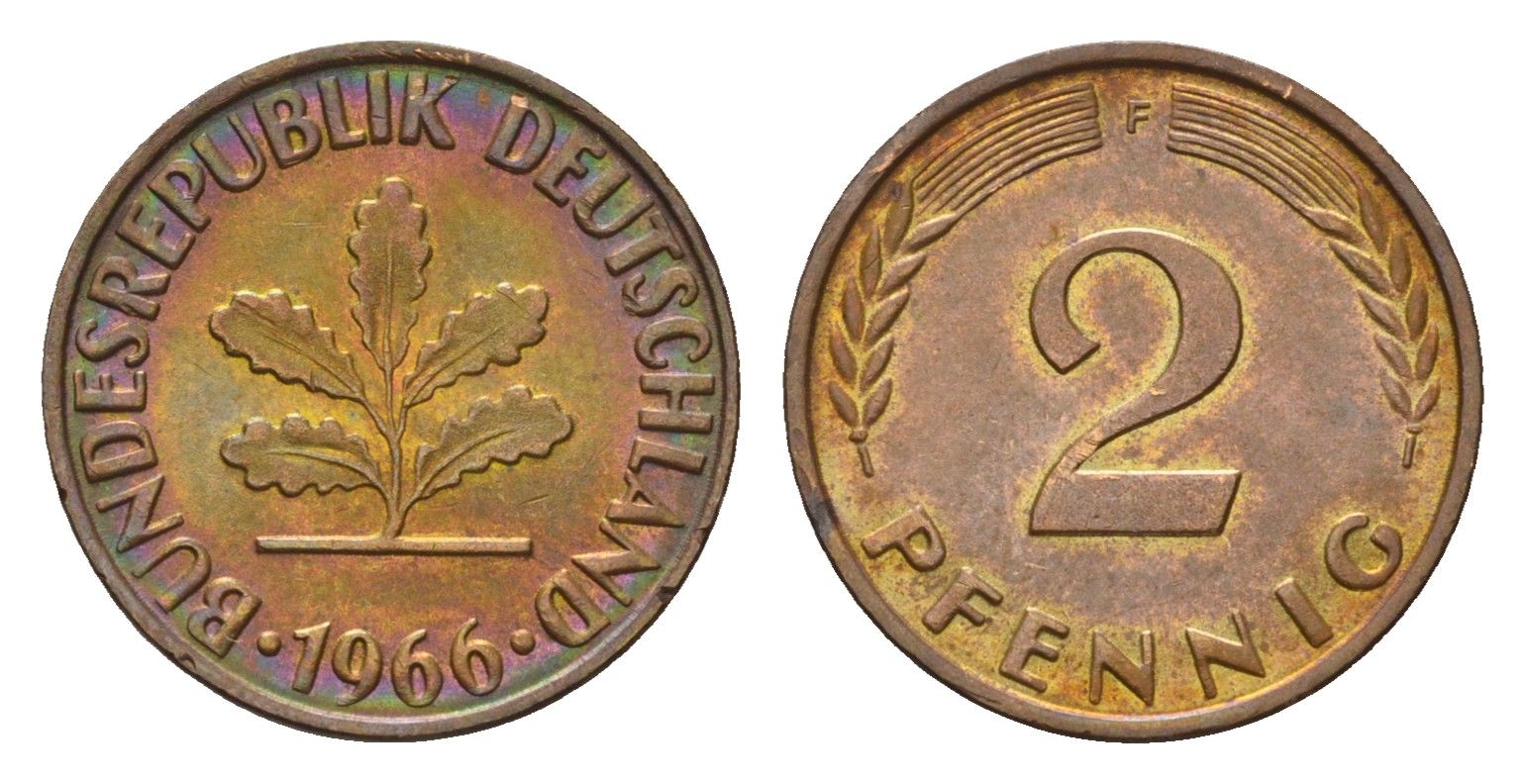 ФРГ 2 пфеннига 1966 F KM 106, J. 381 бронза 4115-446