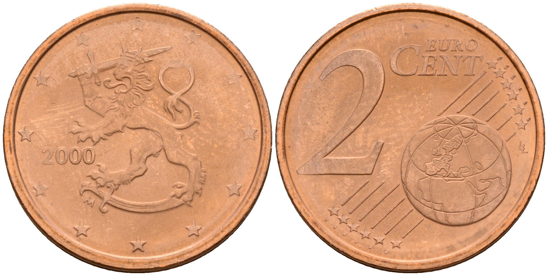 Финляндия 2 евроцента 2000  KM 99 сталь плакированная медью  UNC  4564-361