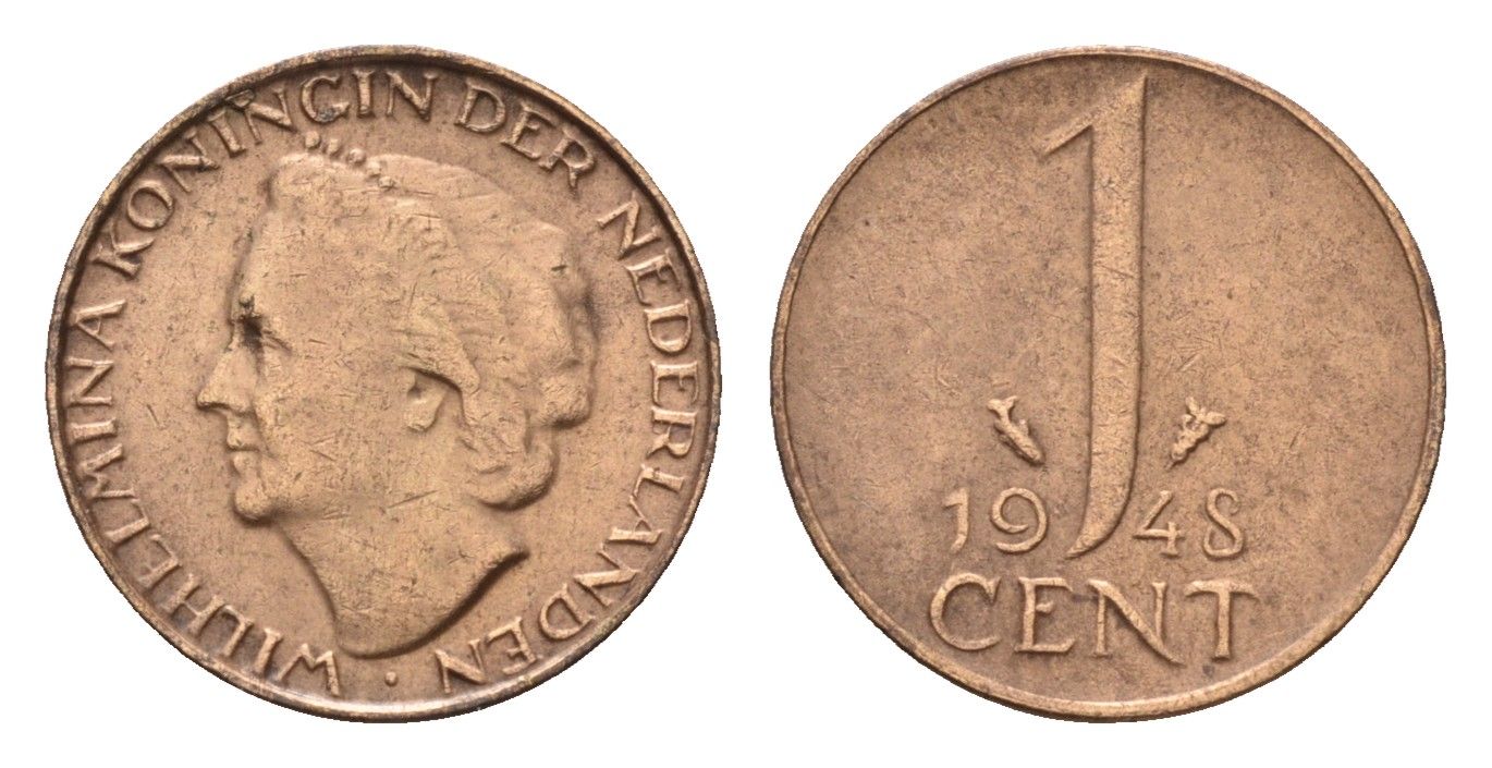 Нидерланды 1 цент 1948 Вильгельмина (1890-1948), год тип KM 175 бронза 4627-722