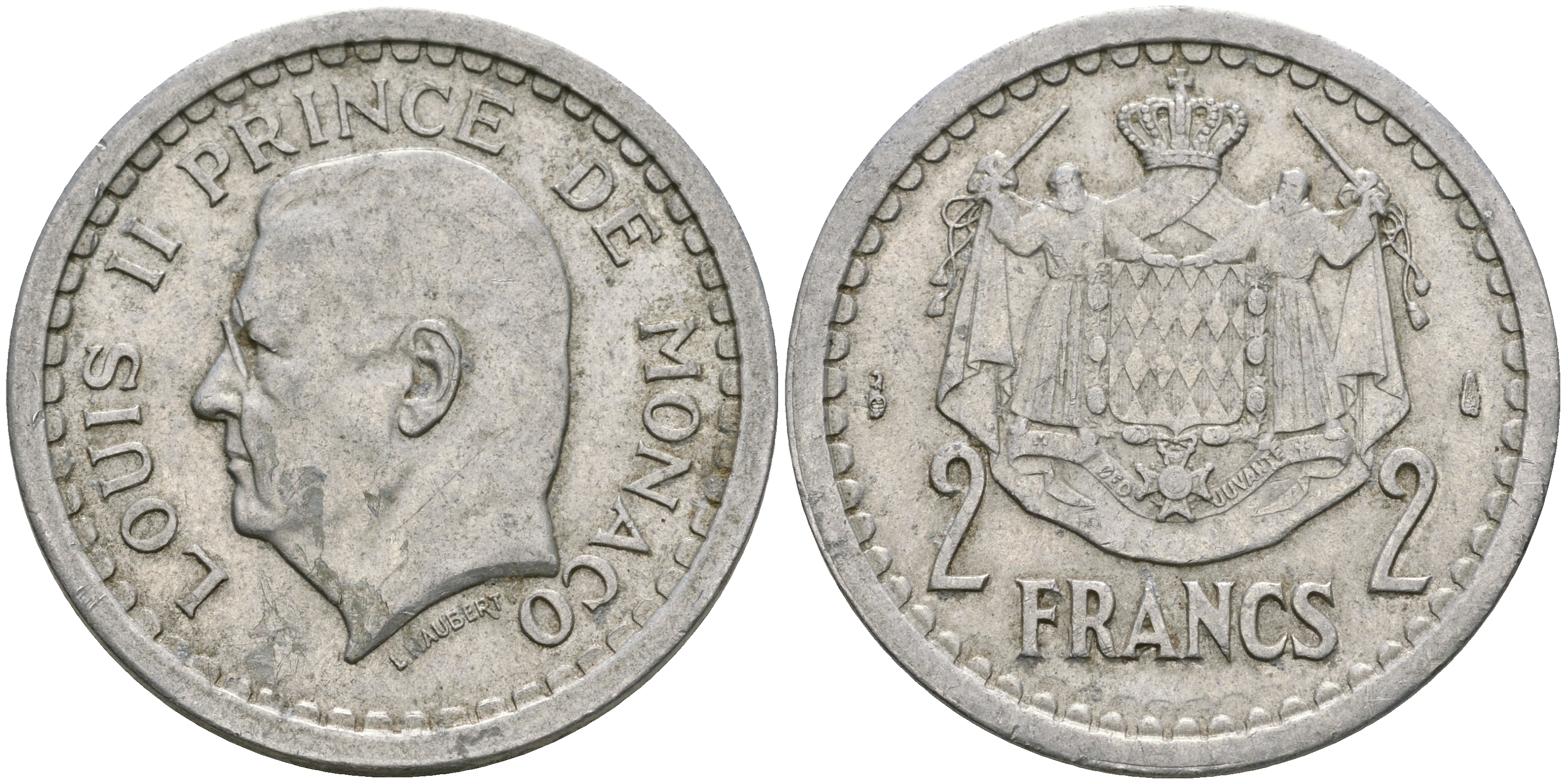 Монако 2 франка 1943 Луи II (1922-1949) KM 121 алюминий 08-615