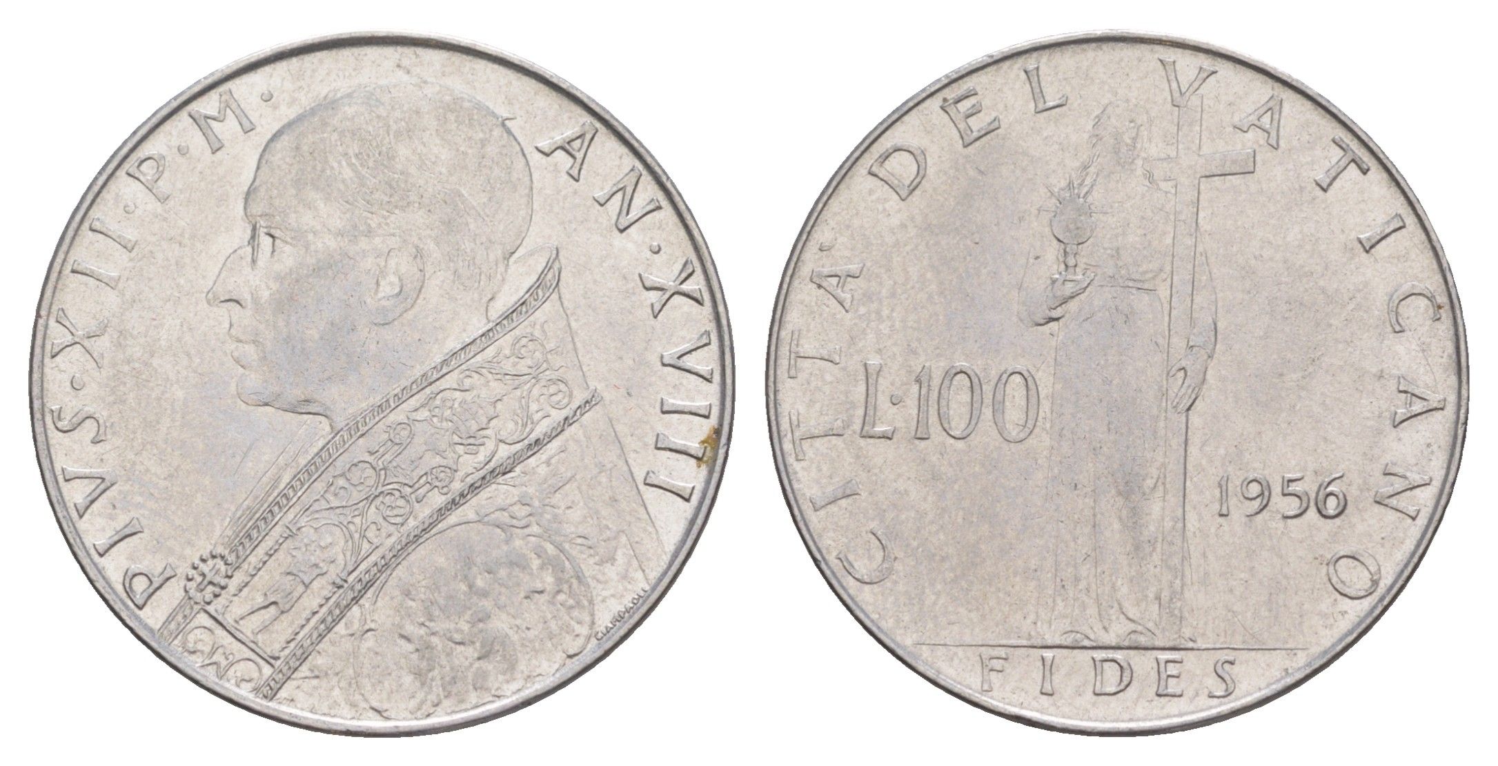 Ватикан 100 лир 1956 Пий XII KM 55 нержавеющая сталь UNC 4648-133