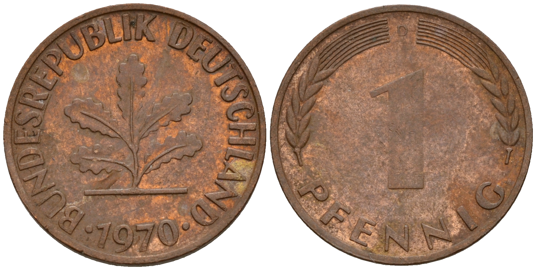 ФРГ 1 пфенниг 1970 D KM 105, J. 380 сталь плакированная медью    4598-446