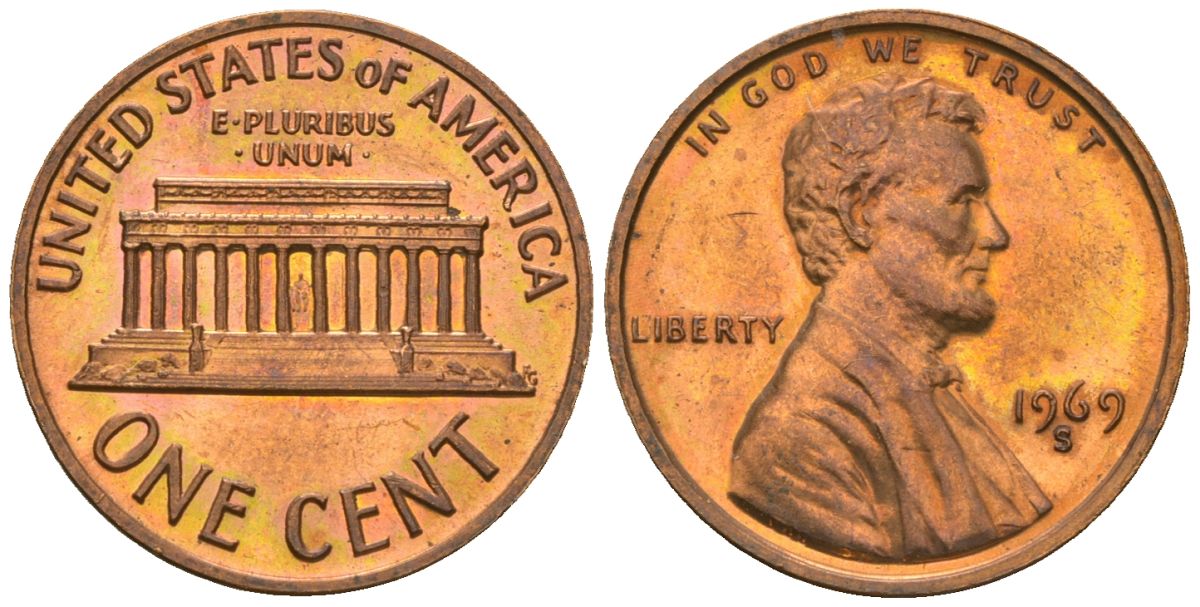 США 1 цент 1969 S (Сан-Франциско), Авраам Линкольн KM 201 медь цинк BUC 4516-757