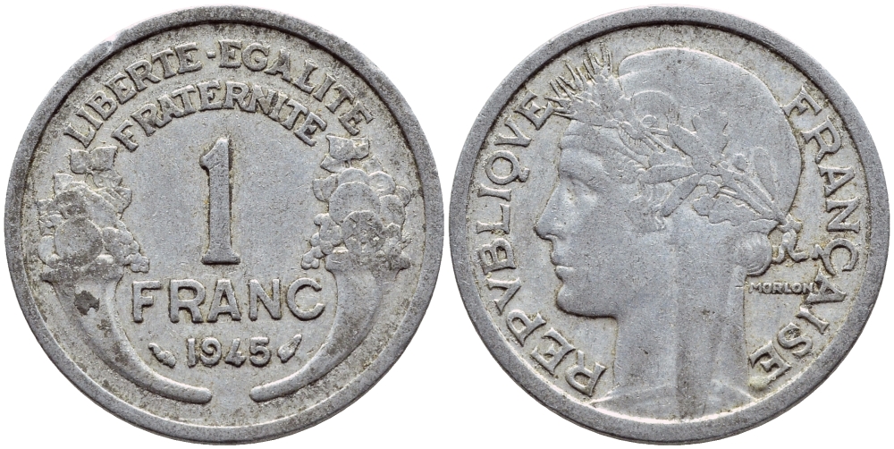 ФРАНЦИЯ 1 ФРАНК 1945 KM 885а.1 алюминий 4397-652