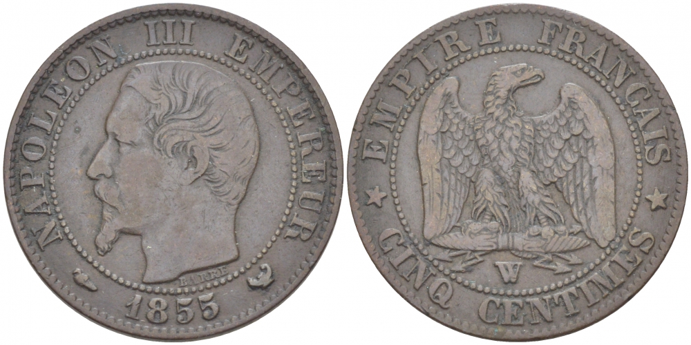 ФРАНЦИЯ 5 САНТИМОВ 1855 W, НАПОЛЕОН III (1852-1870) KM 777.7, LA FRANC 116.28 бронза 77-233