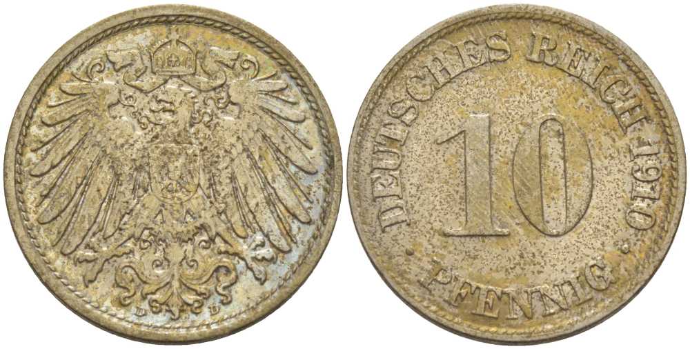 ГЕРМАНИЯ 10 ПФЕННИГОВ 1910 D KM 12, J. 13, Weege 8 медно-никель 212-127