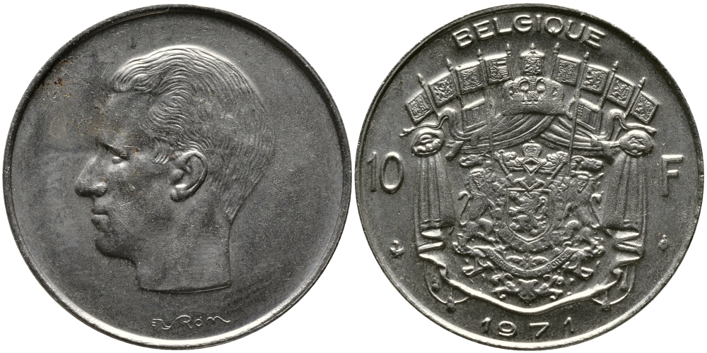 Бельгия 10 франков 1971 Belgique, Бодуэн I (1951-1993) KM 155.1 никель 41-813