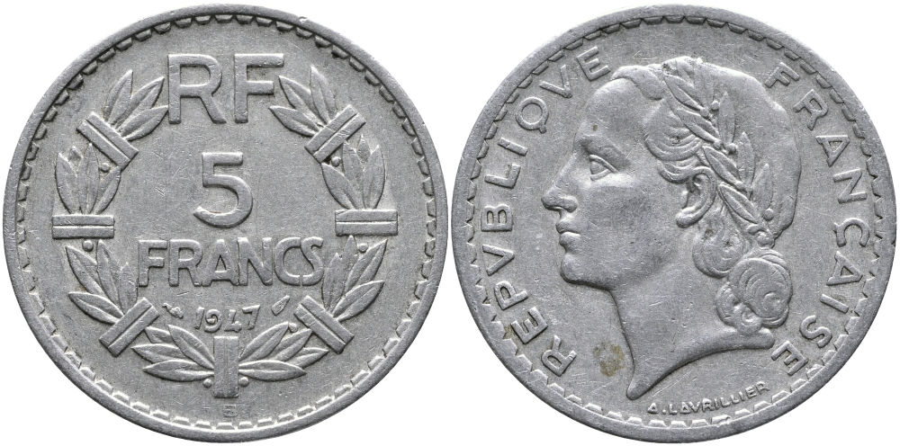 Франция 5 франков 1947 B, открытая 9, тип Лаврийе KM 888b.2, Le Franc 339.11 алюминий 4607-1031