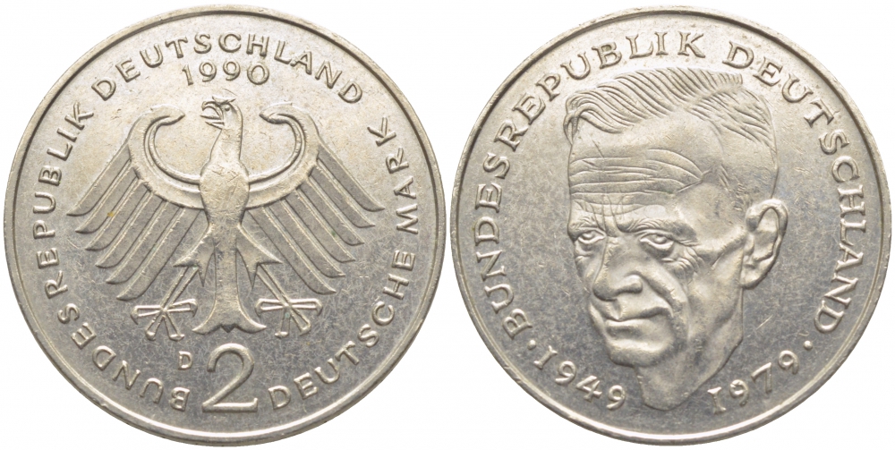 ФРГ 2 МАРКИ 1990 D, КУРТ ШУМАХЕР KM 149, J. 424 медно-никель плакированный никелем 3856-413