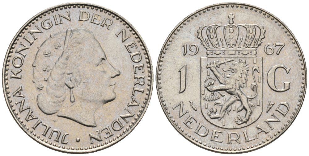 Нидерланды 1 гульден 1967 Юлиана (1948-1980) KM 184a никель UNC 4579-511