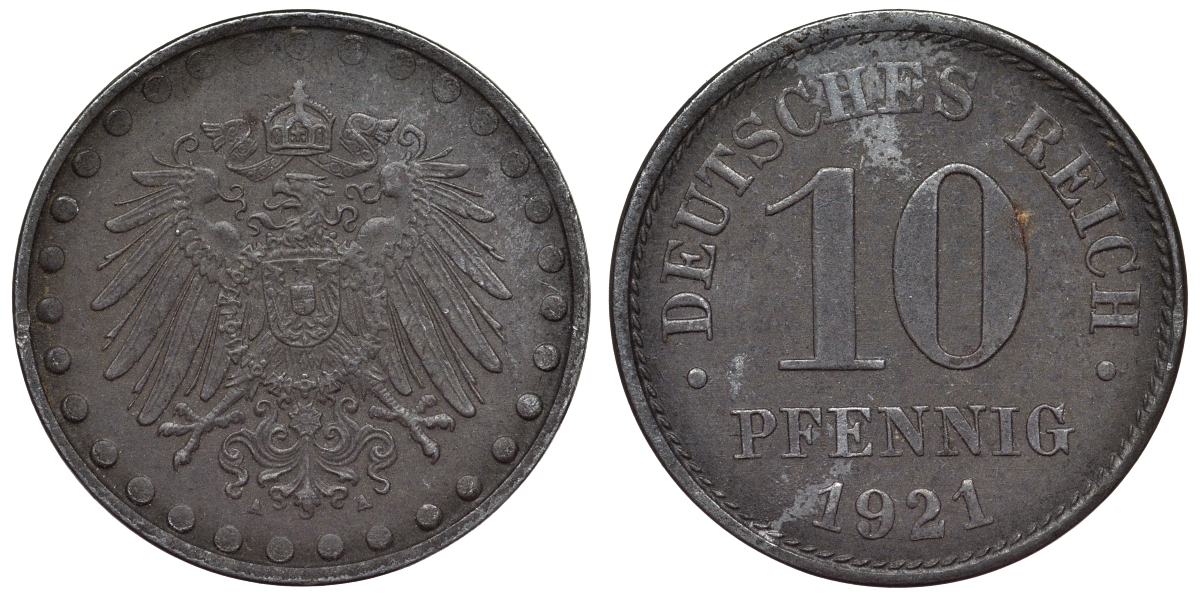Германия 10 пфеннигов 1921 A KM 20, J. 298 железо 4119-124