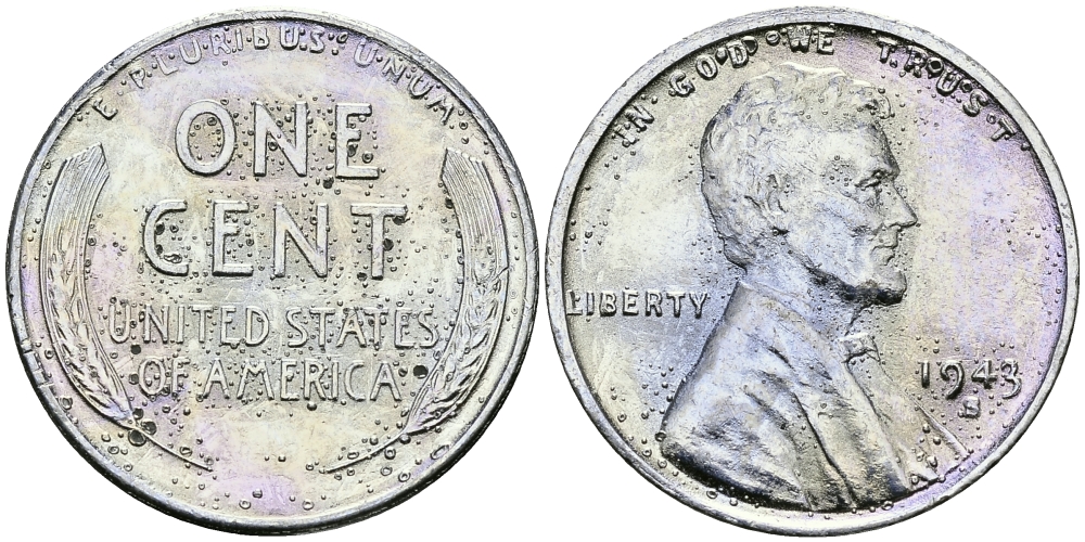 США 1 цент 1943 S (Сан-Франциско), Авраам Линкольн KM 132 a сталь плакированная цинком 94-1134