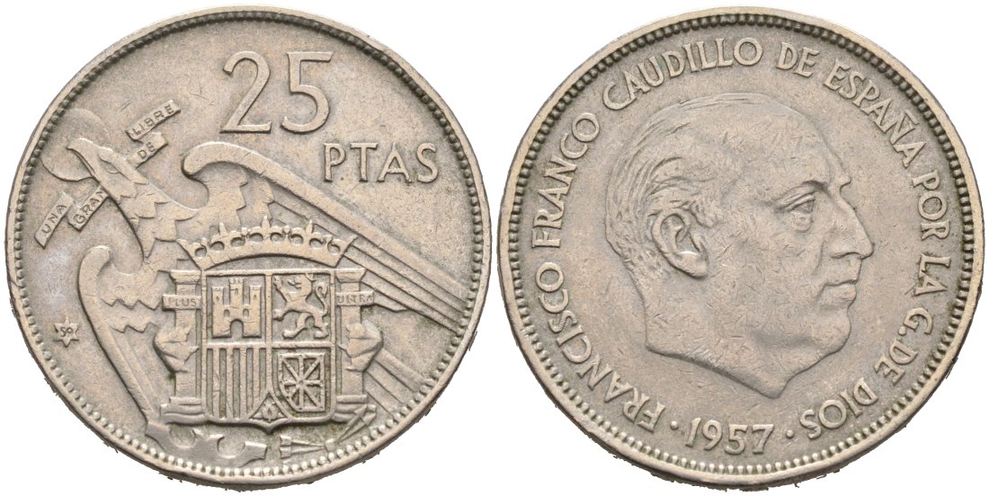 Испания 25 песет 1957(59) Франсиско Франко (1939-1975) KM 787 медно-никель 4571-1256