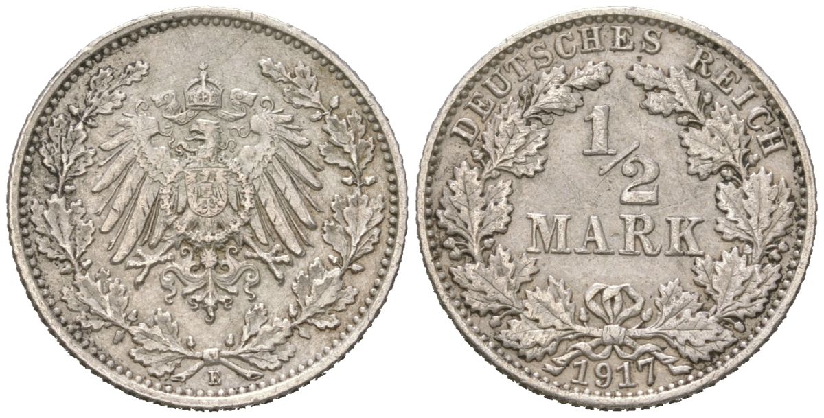 Германия 1/2 марки 1917 E, Вильгельм II (1888-1918) KM 17 серебро 100-638