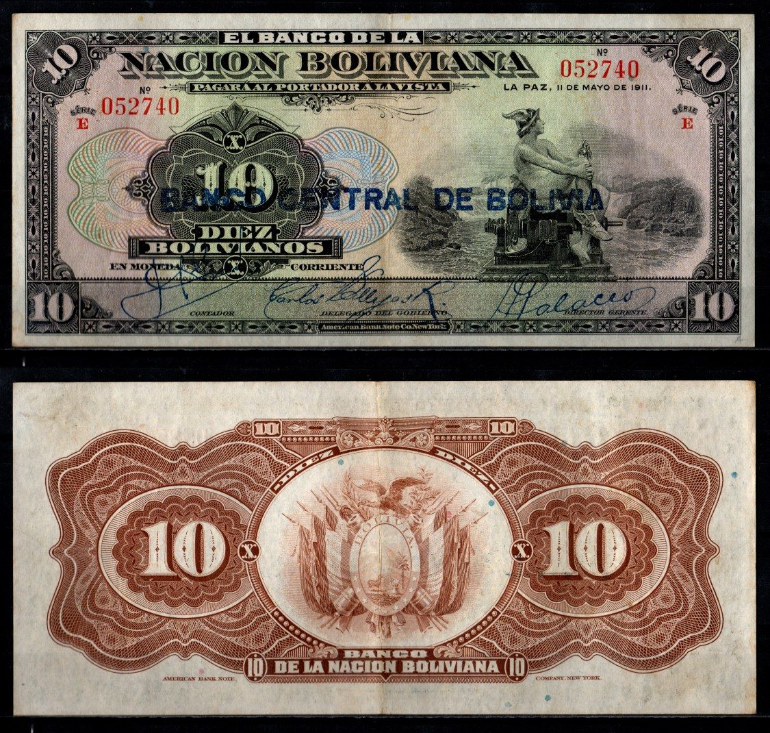 Боливия 10 боливиано 1911 (1929) Pick 114 a (3) бумага 6280-16-2-2