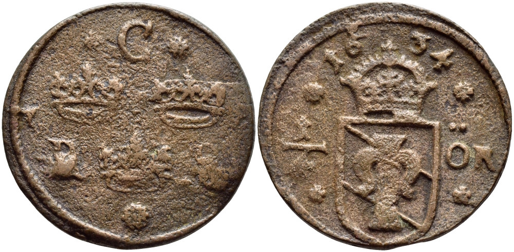 Швеция 1/4 эре 1654 Кристина (1632-1654) KM 188 медь 4394-943