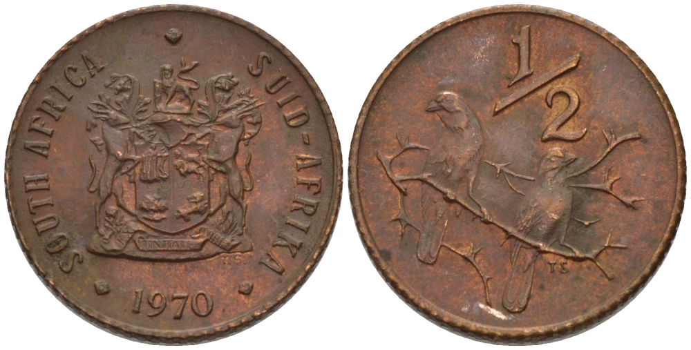 ЮАР 1/2 цента 1970 два капских воробья на ветке KM 81 бронза UNC 66-317