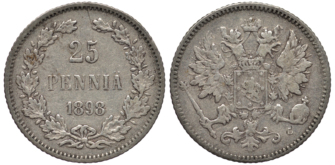 РОССИЯ ДЛЯ ФИНЛЯНДИИ 25 ПЕННИ 1898 L, НИКОЛАЙ II KM 6.2, Биткин 410 серебро 443-825