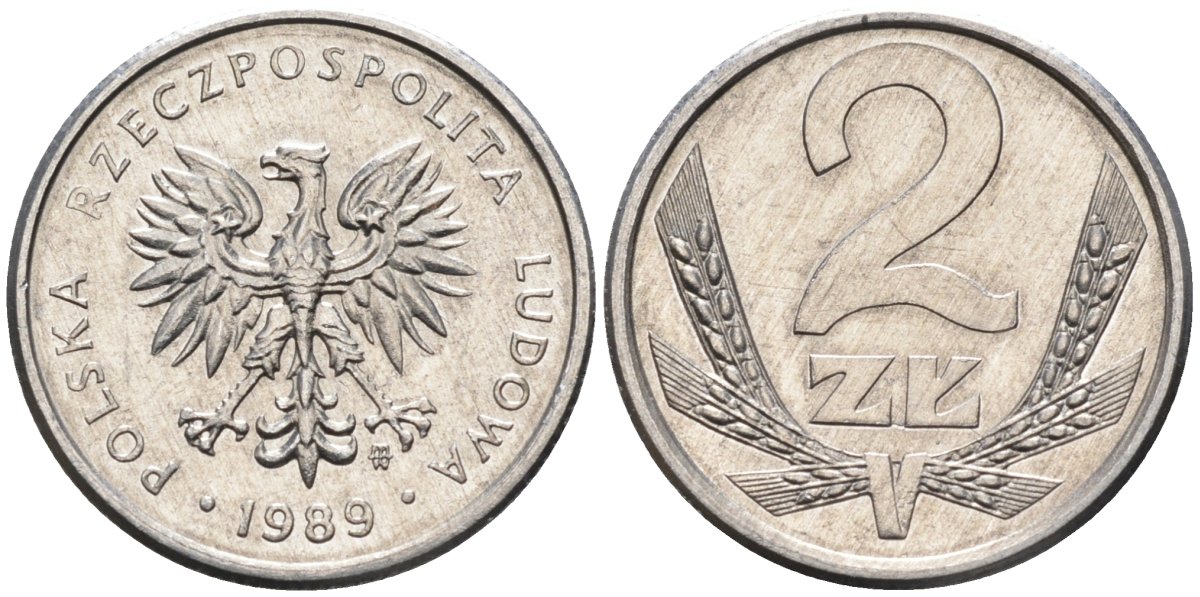 Польша 2 злотых 1989 MW, Народная Республика KM 80.3, Parchimowicz 219a алюминий UNC 4580-763