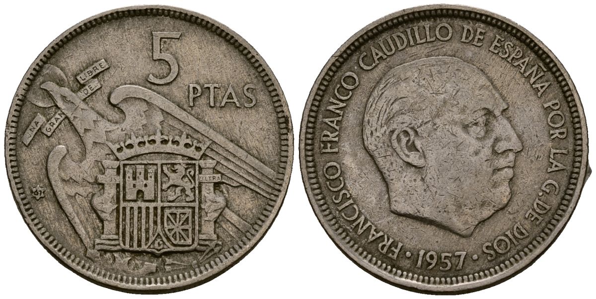 Испания 5 песет 1957 Франсиско Франко (1939 - 1975) KM 786 медно-никель 4177-855