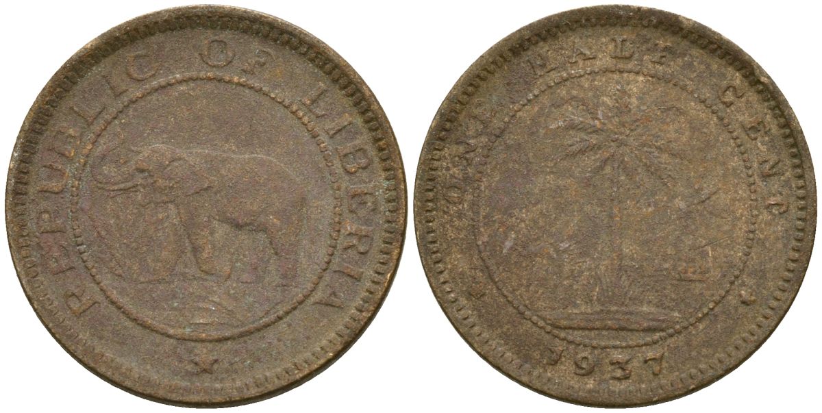 Либерия 1/2 цента 1937 KM 10 латунь 4174-358