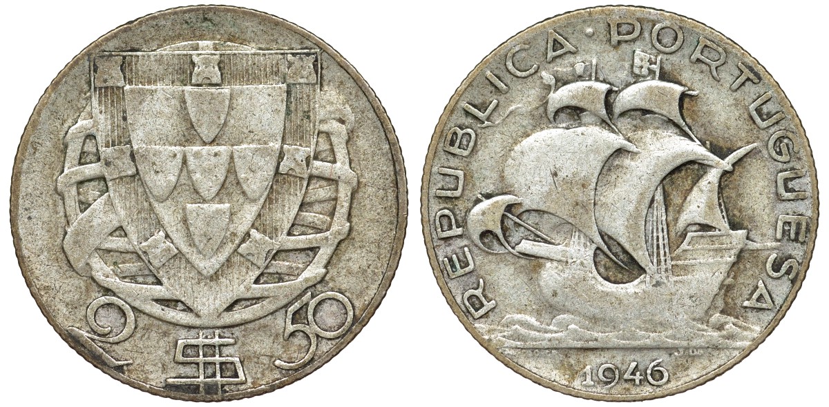 Португалия 2,5 эскудо 1946 парусник KM 580 серебро 51-4033