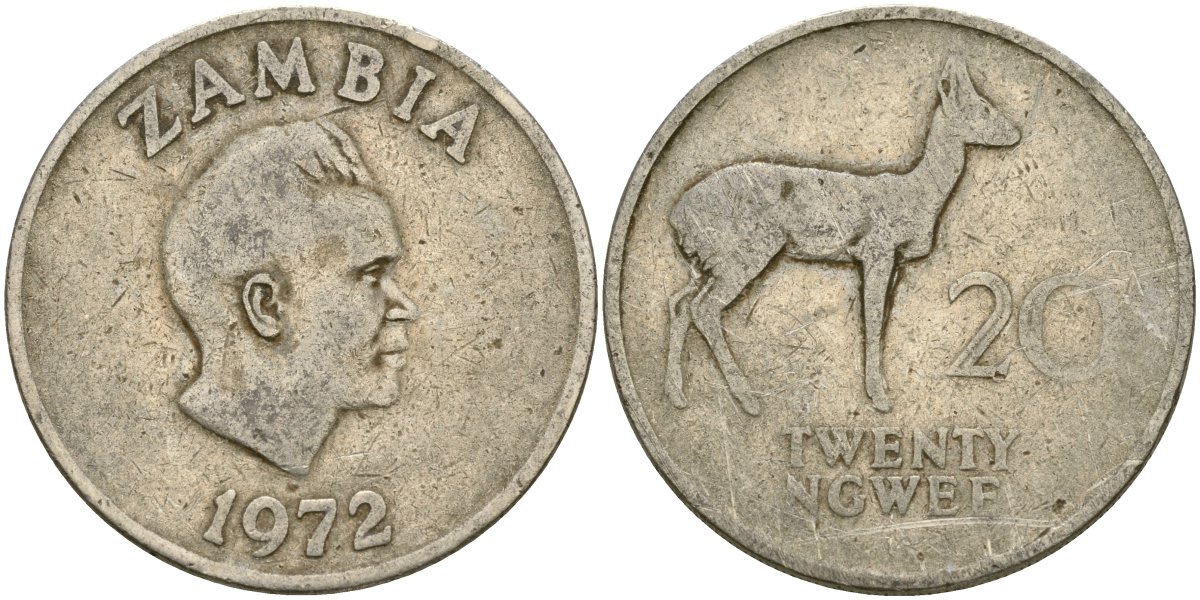 Замбия 20 нгве 1972 Кеннет Каунда, редунки KM 13 медно-никель 4162-535