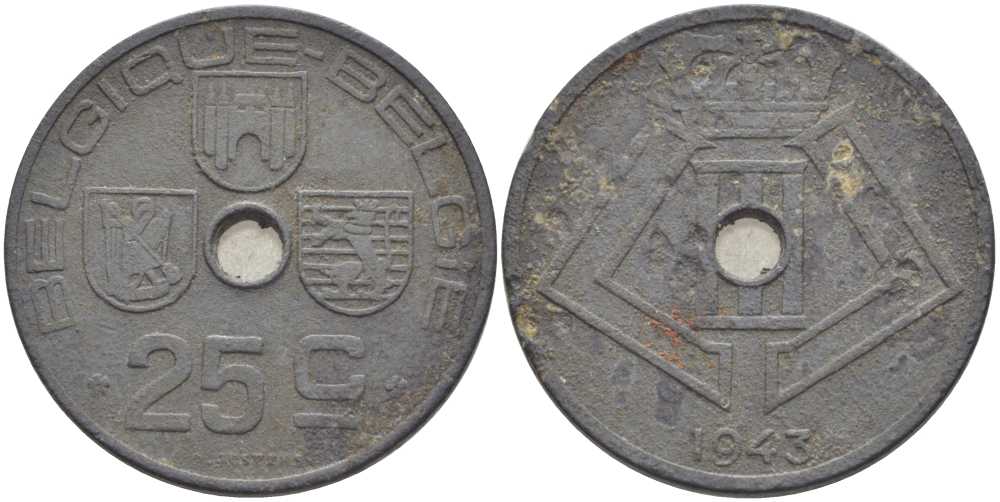 БЕЛЬГИЯ 25 САНТИМОВ 1943 BELGIQUE-BELGIE, ГЕРМАНСКАЯ ОККУПАЦИЯ, ВТОРАЯ МИРОВАЯ ВОЙНА, ЛЕОПОЛЬД III (1934-1950) KM 131 цинк 119-352